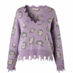 Miracle Lavender Animal print V-Neck Long Sleeve Sweater